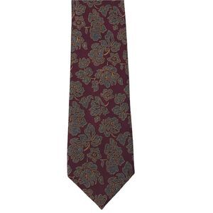 The Tie Bar deep red‎ with blue and gold floral design necktie.